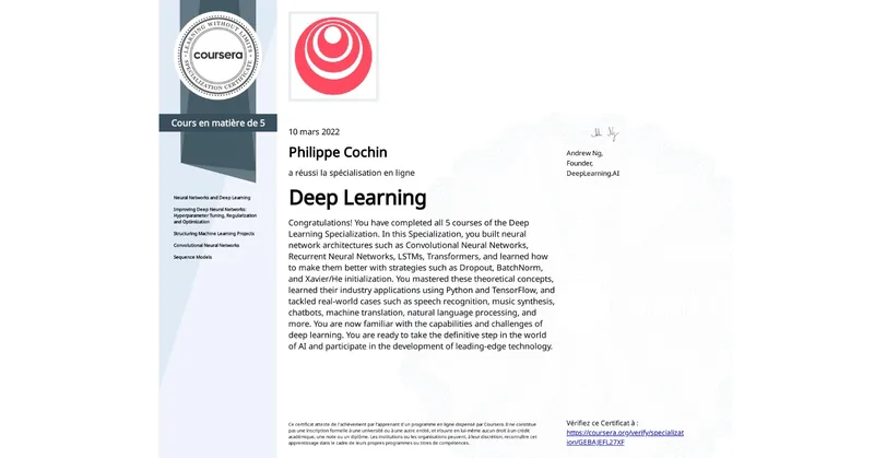 Coursera certificate: Deep Learning Specialization, Philippe Cochin, 10 March 2022