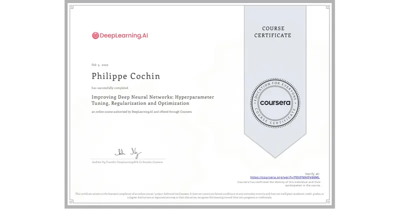 Coursera certificate: Improving Deep Neural Networks, Philippe Cochin, 3 February 2022