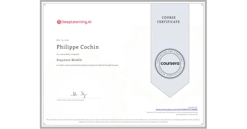 Coursera certificate: Sequence Models, Philippe Cochin, 10 March 2022