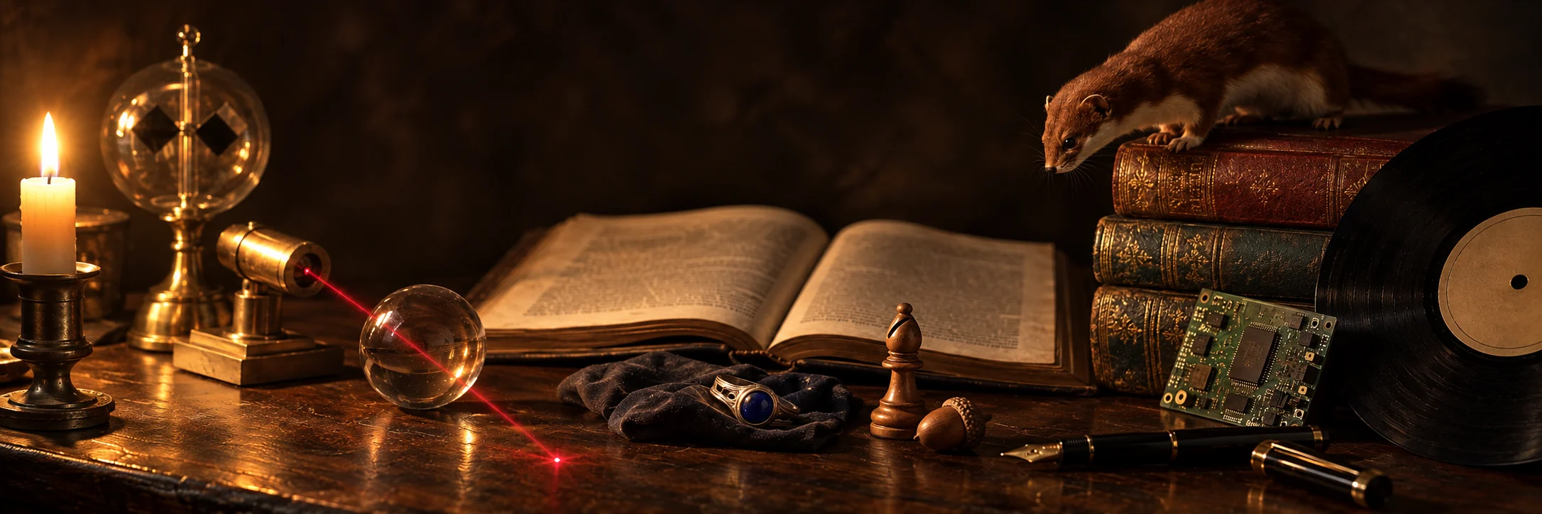 A candlelit still life on a dark wooden table: a candle, a radiometer, a brass laser sending a red beam through a glass sphere, an open book, a silver ring with a blue stone on a cloth, a chess bishop, an acorn, a fountain pen, a circuit board, a vinyl record, and a weasel on a stack of old books
