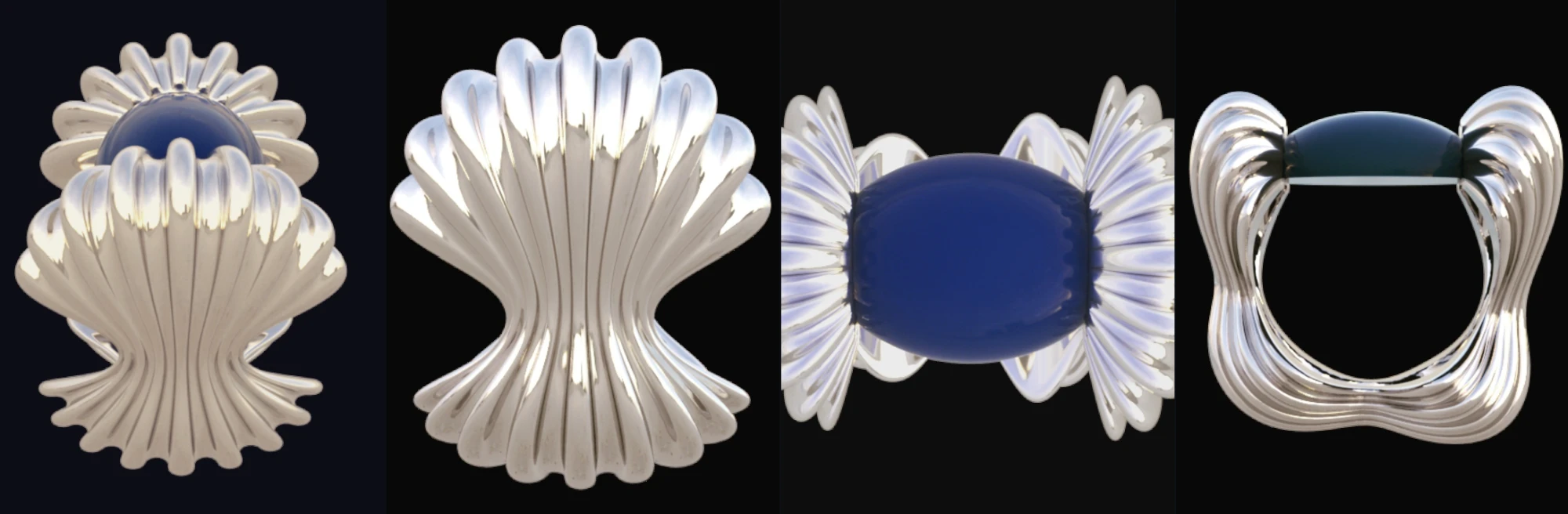 A fluted silver ring with a blue stone, seen from four sides