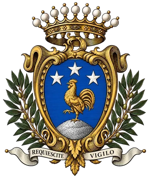 Armes de la famille Cochin : un coq d’or sur une montagne d’argent, sous trois étoiles, avec la devise Requiescite vigilo. Le coq veille déjà sur les armes enregistrées en 1698.